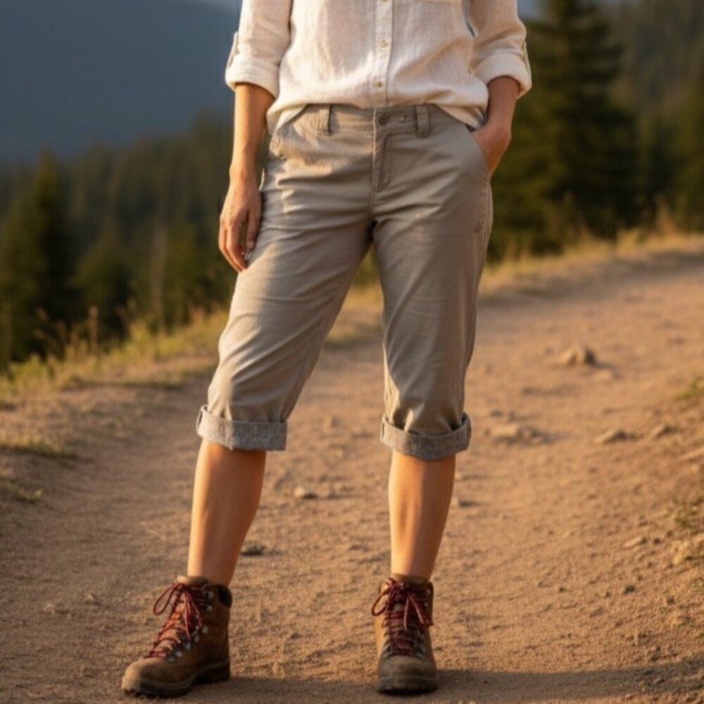 NEW Eddie Bauer Hiking Capri pants 10 Roll-Up Khaki Tan Stretch